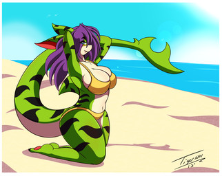 anthro beach big_breasts big_butt bikini biped blue_eyes blush breasts butt clothed clothing detailed_background female hair hands_behind_head horizon kneeling long_ears long_hair looking_at_viewer navel non-mammal_breasts outside pawpads plantigrade purple_hair sand sea seaside skimpy skindentation sky smile solo sun swimwear tail thick_tail thick_thighs tight_clothing two-piece_swimsuit water wide_hips tiger1001 xenia aquatic avian bird fish shark 2013 digital_media_(artwork) signature