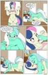 2016 anthro anthrofied bed blush bonbon_(mlp) breast_size_difference breasts candy clothed clothing comic cutie_mark dekomaru dessert dialogue duo earth_pony english_text equid equine female female/female food friendship_is_magic fur furniture genitals green_body green_fur green_hair green_nipples hair hasbro hi_res horn horse lyra_heartstrings_(mlp) mammal mostly_nude my_little_pony mythological_creature mythological_equine mythology nipples nude pillow pony pussy raised_clothing raised_shirt raised_topwear shirt tan_body tan_fur tan_nipples text topwear undressing unicorn unicorn_horn