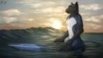 anthro black_body black_fur claws clothing eyebrows finger_claws fur half-closed_eyes inner_ear_fluff male melanistic narrowed_eyes outside partially_submerged sea smile solo sunrise surf surfboard tuft vehicle water watercraft wave wetsuit whiskers yellow_eyes lizet kafka_dincht felid mammal pantherine 16:9 2018 digital_media_(artwork) hi_res signature widescreen