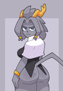 anthro antlers big_butt blue_eyes butt butt_focus female grey_body grey_hair grumpy hair horn jewelry looking_at_viewer looking_back looking_back_at_viewer solo tail thick_thighs wide_hips takyuhart pseudoregalia sybil_(pseudoregalia) bovid caprine goat lagomorph leporid mammal rabbit hi_res
