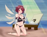 beach big_breasts bikini blush breasts cleavage clothed clothing female halo kneeling not_furry seaside side-tie_bikini side-tie_clothing side-tie_swimwear string_bikini swimwear triangle_bikini two-piece_swimsuit wide_hips kawma arknights hypergryph studio_montagne exusiai_(arknights) angel absurd_res hi_res