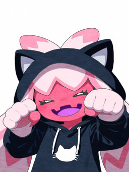 blush blush_lines cat_hoodie clothing eyelashes eyes_closed female hair hoodie open_mouth paw_pose pink_body pink_hair pose simple_background solo tongue topwear pocklekorpokkur nintendo pokemon generation_9_pokemon humanoid pokemon_(species) tinkaton 2026 3:4