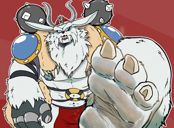 anthro armor blue_eyes bottomwear bulge claws clothing dirty dirty_feet feet foot_focus fur headgear helmet horn horned_helmet loincloth male muscular muscular_anthro muscular_male pecs raised_leg solo toe_claws tusks white_body white_fur randytheartdog bandai_namco digimon digimon_(species) vikemon hi_res