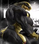 anthro balls barazoku big_muscles bodily_fluids exercise flaccid foreskin genitals gym huge_muscles humanoid_genitalia humanoid_penis inside male muscular muscular_anthro muscular_male nude nude_workout penis solo sweat teeth_showing vein veiny_muscles veiny_penis workout yellow_body yellow_eyes yellow_skin magangz zeke_(diarmaidhutchence) dinosaur prehistoric_species reptile scalie hi_res