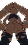 2021 anthro big_butt black_clothing bottomwear breasts brown_body brown_fur butt clothing female fur generation_6_pokemon genitals hand_on_hip hi_res lagomorph legwear long_ears looking_away low-angle_view mammal mega_evolution mega_lopunny nintendo pinkcappachino pokemon pokemon_(species) pseudo_clothing pussy scapula scut_tail short_tail simple_background solo standing tail thick_thighs thigh_highs topwear torn_bottomwear torn_clothing white_background