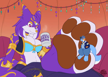 accessory anthro beverage coffee coffee_mug decoration duo feet female foot_focus fur fur_markings furniture macro magic_lamp male male/female markings micro pawpads paws sitting smile sofa wide_hips hakunaro mythology nintendo pokemon dana_(squishkid) squishi_(squishkid) canid canine dragon fox generation_3_pokemon genie mammal mythological_creature mythological_scalie pokemon_(species) scalie swampert