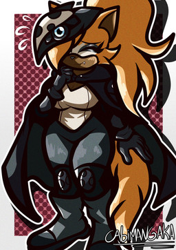 anthro black_cape black_clothing black_gloves black_handwear blonde_hair bodily_fluids boots bottomwear cape clothing eyes_closed eyeshadow fangs female fluffy fluffy_tail footwear fur gloves gradient_background grey_boots grey_bottomwear grey_clothing grey_footwear grey_pants hair handwear holding_cape knee_pads leggings legwear makeup mask mask_on_head pants ponytail shirt shoes shy shy_smile simple_background sleeveless_shirt solo standing sweat sweatdrop tail tan_body tan_fur tan_skin teeth topwear white_body white_clothing white_fur white_shirt white_topwear yellow_body yellow_fur cabimangaka idw_publishing sega sonic_the_hedgehog_(comics) sonic_the_hedgehog_(idw) sonic_the_hedgehog_(series) whisper_the_wolf canid canine canis mammal wolf absurd_res hi_res screentone shaded signature