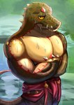 amber_eyes anthro biceps body_gem clothed clothing clothing_around_waist crossed_arms fangs looking_at_viewer male pantsless partially_submerged pecs red_clothing shirtless solo standing standing_in_water teeth wet fal_vanz lifewonders tokyo_afterschool_summoners gurangatch_(tas) crocodilian reptile scalie absurd_res hi_res