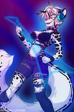 4_toes 5_fingers anthro clothed clothing electric_guitar electronics feet female fingers fur guitar hair headphones markings midriff musical_instrument navel open_mouth plucked_string_instrument smile solo spots spotted_body spotted_fur string_instrument tail teeth toes tongue satsukii alicia_(northwynd) clouded_leopard felid mammal pantherine 2020 2:3 digital_media_(artwork) hi_res