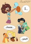 accessory blonde_hair brown_hair cape clothing cuddling dialogue female feral group hair hair_accessory hairclip messy_hair smile starter_trio text crock2121 amphibia_(series) disney nintendo pokemon anne_boonchuy marcy_wu sasha_waybright bulbasaur charmander generation_1_pokemon human mammal pokemon_(species) squirtle 2022 absurd_res crossover english_text hi_res