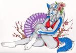 2017 4_toes 5_fingers accessory anthro arctic_fox bent_arm bent_leg biped blue_body blue_eyes blue_fur blue_lips blue_markings blue_tail bra braided_hair branch breasts canid canine cherry_blossom cleavage clothed clothing countershade_tail countershade_torso countershading directional_arrow extended_arm extended_leg eyelashes facial_markings feet female fingers flower flower_in_hair fox frilly full-length_portrait fur grey_body grey_fur grey_nose hair hair_accessory hand_on_ankle hand_on_leg hand_on_own_ankle hand_on_own_leg hand_on_own_shin hand_on_shin head_markings humanoid_hands inner_ear_fluff knee_pulled_up leg_back lingerie lips long_hair looking_at_viewer mammal markings medium_breasts midriff multicolored_body multicolored_fur panties parasol pigtails pinup plant portrait pose q-nik raised_leg simple_background sitting skimpy smile snout solo svetlana_snowpaw tail toes touching_ankle touching_leg touching_own_ankle touching_own_leg touching_own_shin touching_shin traditional_media_(artwork) true_fox tuft twin_braids two_tone_tail underwear wagasa white_background white_body white_countershading white_fur white_hair white_tail