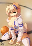 anthro ball basketball basketball_(ball) basketball_uniform blonde_hair breasts buckteeth clothing clothing_aside female flirting flirting_look flirting_with_viewer hair hoodie nipples short_tail sitting sitting_on_ground solo sport sportswear tail teeth topwear uniform dancrescentwolf looney_tunes warner_brothers lola_bunny lagomorph leporid mammal rabbit hi_res