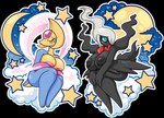 anthro areola black_body blush breasts chibi cloud duo eyebrows eyelashes eyes_closed featureless_feet feet female forehead_gem gem hair hair_over_eye moon nipples one_eye_obstructed pokemorph sitting star sticker tail latiar nintendo pokemon cresselia darkrai generation_4_pokemon legendary_pokemon pokemon_(species) 2022 alpha_channel digital_media_(artwork) hi_res