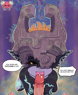 armor black_body blue_markings bodily_fluids clothing dialogue disembodied_penis duo eyelashes female first_person_view fused_shadow genital_fluids genitals grey_body hair headgear headwear helmet humanoid_pointy_ears licking licking_tip looking_at_viewer male male/female markings one_eye_obstructed oral orange_hair penile penis penis_lick pointy_ears precum red_eyes sex speech_bubble talking_to_viewer text tongue tongue_out yellow_sclera zestymangoart nintendo the_legend_of_zelda twilight_princess midna humanoid imp twili english_text