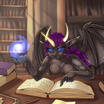 1:1 anthro bat_wings book bookshelf breasts fangs featureless_breasts female focused frown furniture goo_creature hair hi_res horn humanoid_pointy_ears library magic membrane_(anatomy) membranous_wings pencil_(object) pink_hair plantigrade pony-straponi ponytail reading reading_book ryonia_coruscare scowl solo sun_beams table teeth wings writing_utensil