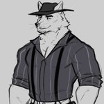 anthro beard biped black_beard black_clothing black_dress_shirt black_eyes black_facial_hair black_hat black_headwear clothing facial_hair fur hat headgear headwear looking_aside male muscular muscular_anthro muscular_male solo white_body white_fur 9klipse canid canine canis mammal wolf 1:1 2024