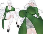 albino big_breasts big_butt blush breasts butt cleavage clothed clothing elf_costume female hair huge_breasts huge_butt humanoid_pointy_ears long_hair pointy_ears teasing thick_thighs white_hair wide_hips elf human mammal hi_res