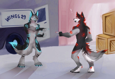 5_fingers anthro black_body black_claws black_fur blue_claws blue_eyes blue_hair blue_markings blue_tongue box chest_tuft claws container crotch_tuft duo exclamation_point facial_markings fingers fur gesture grey_body grey_fur hair hand_gesture head_markings humor inner_ear_fluff male markings medium_truck multicolored_body multicolored_fur muscular muscular_anthro muscular_male open_mouth parody pointing pointing_at_another red_claws red_eyes red_hair red_markings sharp_teeth shocked standing teeth tongue truck tuft van vehicle chanzy marvel spider-man_(series) spider-man_pointing_at_spider-man divi_wolf matt_wolf canid canine canis mammal wolf absurd_res hi_res meme