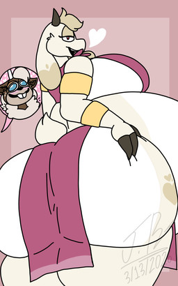 anthro antlers belly big_belly big_breasts big_butt bloated blush bottomwear breasts brown_body buckteeth butt clothed clothing curvy_figure duo eyelashes female fluffy fur hair heart_symbol hooves horn huge_belly huge_butt hyper hyper_belly ineffective_clothing interspecies larger_female loincloth long_ears overweight overweight_anthro overweight_female rear_view side_boob side_butt simple_background size_difference smile tail teeth thick_thighs topwear tuft voluptuous voluptuous_anthro voluptuous_female white_body white_fur wide_hips jayme_universe winter_(jayme_universe) bovid caprine deer goat mammal new_world_deer reindeer absurd_res digital_media_(artwork) hi_res