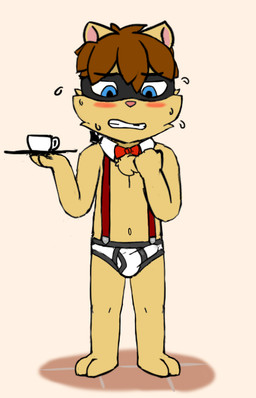 anthro black_seam_briefs blue_eyes blush bodily_fluids bow_(feature) bow_tie briefs brown_body brown_fur brown_hair bulge chest_tuft clenched_teeth clothed clothing colored_seam_underwear container cup detailed_bulge domino_mask erection erection_under_clothing eyemask eyewear fist flying_sweatdrops fur genital_fluids genital_outline genitals hair looking_down male mask navel penis penis_outline pink_nose platter precum serving shota shy simple_background skimpy solo suspenders sweat sweatdrop tan_body tan_fur teeth topless tuft underwear waiter wet wet_clothing white_background white_briefs white_clothing white_underwear young young_anthro mezzanine_(artist) league_of_legends riot_games tencent kennen_(lol) yordle flat_colors hi_res
