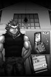 anthro arms_by_side bent_arm biceps big_muscles cellphone comic electronics felid flip_phone hand_in_pocket hi_res holding_cellphone holding_object holding_phone lion male mammal monochrome muscular muscular_male pantherine pecs phone pockets ryuu_majin standing straight_arm straight_arms straight_legs