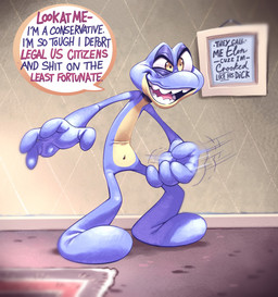 anthro blue_body blue_skin dirty_floor innuendo male masturbation open_mouth political_cartoon politics pretending profanity solo text unhinged_jaw matts_beans beans_(mattsbeans) amphibian frog english_text hi_res