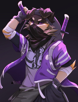 anthro bandage black_background bottomwear brown_body brown_fur cheek_tuft clothed clothing facial_tuft floppy_ears folded_ears fully_clothed fur hand_in_pocket holding_melee_weapon holding_object holding_sword holding_weapon jacket male melee_weapon pants pockets purple_clothing purple_eyes purple_jacket purple_topwear simple_background solo sword topwear tuft weapon yellow_body yellow_fur bitterk4t canid canine canis domestic_dog mammal 2022 digital_drawing_(artwork) digital_media_(artwork) hi_res