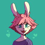 1:1 ally_cream anthro clothed clothing ears_up eyebrows fan_character front_view fur green_background hair happy heart_symbol lagomorph leporid male mammal open_mouth open_smile pink_eyebrows pink_hair portrait rabbit red_tongue simple_background smile solo teeth tongue topwear