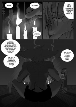 anthro candle candlelight clothed clothing dialogue eyes_closed floor inside light male praying religious_symbol religious_themes sitting sitting_on_ground solo talking_to_self text topless topless_male totem underwear wood wood_floor viola_bat viola_bat_(character) bat mammal absurd_res comic hi_res monochrome portuguese_text