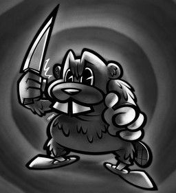 ambiguous_gender angry anthro buckteeth fur holding_knife holding_object knife solo standing tail teeth cryena cc-by-nc-nd creative_commons hundreds_of_beavers beaver mammal rodent 2025 absurd_res digital_drawing_(artwork) digital_media_(artwork) full-length_portrait greyscale hi_res monochrome portrait shaded