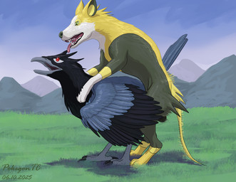 ambiguous_gender ambiguous_penetrated balls beak black_body black_feathers blue_body blue_feathers claws cloacal cloacal_penetration detailed_background digitigrade duo fangs feathered_wings feathers feral feral_on_feral feral_penetrated feral_penetrating feral_penetrating_feral from_behind_position fur genitals grass green_body green_eyes green_fur male male/ambiguous male_penetrating male_penetrating_ambiguous mountain mounting obscured_penetration obscured_sex open_beak open_mouth outside penetration plant red_eyes scuted_legs scutes sex snout tail tail_feathers teeth thrusting toe_claws tongue tongue_out white_body white_fur wings yellow_body yellow_fur pokegontc nintendo pokemon avian boltund canid canine corvisquire generation_8_pokemon mammal pokemon_(species) 2025 digital_media_(artwork) hi_res