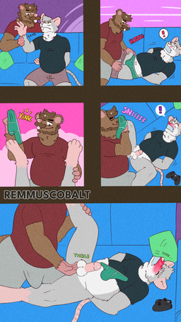 anthro balls bdsm beard blush brown_hair bulge circumcised clothed clothing duo embarrassed facial_hair fondling gag gagging gaming genitals hair humiliation male musk nude partially_clothed paws penis underwear undressing remmus_cobalt mammal murid murine rat rodent absurd_res comic hi_res