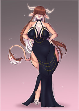2_horns anthro bangs bare_shoulders big_breasts black_clothing black_dress breasts brown_body brown_hair clothing cocked_hip collarbone cutout dress female fingers front_view hair hair_over_eyes hands_on_hips hip_vent hooves horn long_dress long_hair multicolored_hair pink_nose pose solo standing tail tan_body two_tone_hair white_hair wide_hips kitsunewaffles-chan hollow_hip_backless_chain_dress bovid bovine cattle mammal colored digital_drawing_(artwork) digital_media_(artwork) hi_res pinup shaded