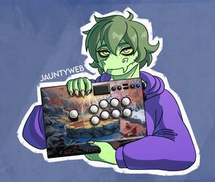5_fingers abstract_background anthro arcade_controller bangs border claws clothing controller eye_bags eyelashes female finger_claws fingers freckled_face freckled_hand freckles game_controller green_body green_hair green_scales grey_eyes hair hoodie looking_at_viewer purple_clothing purple_hoodie purple_topwear scales short_hair smile solo text topwear white_border yellow_sclera jauntyweb cavemanon_studios i_wani_hug_that_gator olivia_halford baryonyx dinosaur prehistoric_species reptile saurischian scalie spinosaurid theropod 2024 artist_name digital_drawing_(artwork) digital_media_(artwork) hi_res watermark