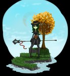 anthro black_clothing blush brown_clothing clothing cloud eyelashes female freckles grass green_body green_hair grey_clothing hair heart_eyes heart_symbol holding_melee_weapon holding_object holding_polearm holding_spear holding_weapon melee_weapon planet plant polearm sky smile solo spear tree water weapon yellow_clothing squablodecomplash starbound aki_(squablodecomplash) elemental_creature elemental_humanoid flora_fauna floran humanoid plant_humanoid 2019 hi_res