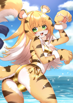 alternate_species anthro anthrofied beach bikini black_ears blonde_hair blue_accessory blush clothing cloud countershade_face countershade_fur countershade_tail countershading cute_fangs fangs female female_anthro fur furrification gloves gold_bikini green_eyes hair handwear kemono markings open_mouth outside paw_gloves sky solo standing striped_body striped_fur striped_markings striped_tail stripes swimwear tail tail_markings teeth two-piece_swimsuit water white_body white_fur white_hair yellow_body yellow_fur yellow_tail horokusa0519 golden_week mihoyo zenless_zone_zero ju_fufu felid mammal pantherine thiren tiger 2026 hi_res
