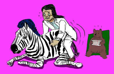 ambiguous_gender ambiguous_on_human bestiality duo feral food human_on_feral interspecies male male_on_feral pizza simple_background stripes what unknown_artist hotline_miami corey_(hotline_miami) the_son_(hotline_miami_2) bear equid equine human mammal zebra source_request