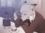 alcohol anthro bar beverage biped bottle business_attire business_suit businesswear clothed clothing container formal_clothing formal_wear fur inside male open_clothing open_shirt open_topwear sad shirt simple_background sitting solo suit topwear whiskey white_background rockbottomfeeder disney zootopia nick_wilde canid canine fox mammal red_fox true_fox 2016 black_and_white monochrome restricted_palette