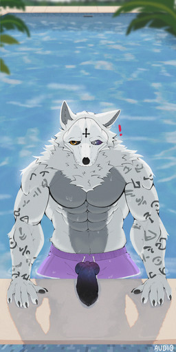 abs anthro bone clothing cosmic_penis cross exhibitionism fur galaxy_eyes genitals grey_body grey_fur heterochromia inverted_cross knot knotted_penis male multicolored_body muscular pecs penis pivoted_ears runes skull skull_head solo swimming_pool swimming_trunks swimwear two_tone_body vein veiny_penis wardrobe_malfunction water white_body white_fur playthataudio lovecraftian_(genre) asylumcursed canid canine mammal skulldog_(species) undead absurd_res hi_res