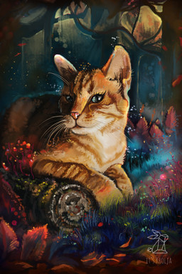 ambiguous_gender detailed_background feral flower forest fur grass leaf log looking_at_viewer outside plant solo tree whiskers wood itskrolja domestic_cat felid feline felis mammal 2022 absurd_res digital_media_(artwork) hi_res