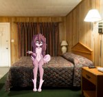 absurd_res anthro bed breasts canid canine canis coin comic curtains domestic_dog dresser female furniture hi_res homeless_dog hospital_bracelet hotel_room lamp mammal motel nipples nude on_bed photo_background photography_(artwork) ponporio_(artist) sitting sitting_on_bed solo