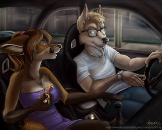 anthro black_nose blonde_hair bottomwear breasts brown_body brown_eyes brown_fur brown_hair car cellphone clock clothing denim denim_bottomwear denim_clothing detailed_background dress duo electronics eye_contact eyewear facial_piercing female fur glass glasses green_eyes hair hand_on_leg inside_car inside_vehicle jeans leg_markings lip_piercing lip_ring looking_at_another male male/female manual_transmission markings multicolored_body multicolored_fur pants phone piercing playful ring_piercing shirt sitting socks_(marking) street street_lamp suggestive topwear two_tone_body two_tone_fur vehicle watch white_body white_fur kappy amber_(kappy) kilo_(kiloechovictor) canid canine fox mammal 2012 5:4 detailed