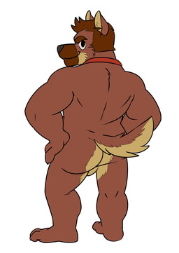 anthro backsack balls biceps biped brown_body brown_fur brown_hair butt fur genitals hair looking_at_viewer looking_back male muscular muscular_anthro muscular_male nude rear_view simple_background smile smug solo standing striptease white_background vasuki hammer_(character) canid canine canis domestic_dog german_shepherd herding_dog mammal pastoral_dog flat_colors hi_res source_request