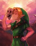 belt blonde_hair eyes_closed fingers hair humanoid_pointy_ears light_body light_skin male mask not_furry simple_background solo onimiere nintendo ocarina_of_time the_legend_of_zelda young_link elf humanoid hylian absurd_res hi_res