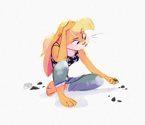 anthro bangs barefoot biped blonde_hair breasts clothed clothed_anthro clothed_female clothing feet female female_anthro hair hand_on_head logo long_hair plantigrade rock sitting solo whiskers dgollama lagomorph leporid mammal rabbit 2022 artist_logo dated digital_drawing_(artwork) digital_media_(artwork) shaded simple_shading