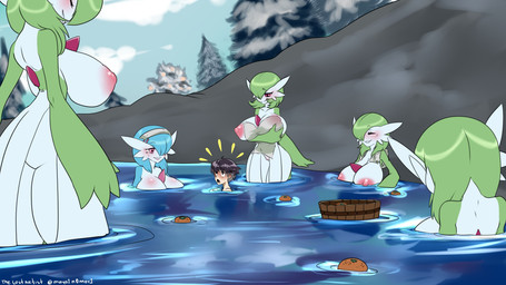 aged_down areola being_watched big_breasts blush breasts cloud day female genitals group hair harem hot_spring huge_breasts imminent_death_by_snu_snu larger_female larger_humanoid looking_at_another male nipples not_furry nude onsen partially_submerged plant red_eyes size_difference smaller_human smaller_male smile tree vulva water young zacianswords nintendo pokemon pokemon_legends_arceus rei_(pokemon) alpha_pokemon gardevoir generation_3_pokemon human humanoid mammal pokemon_(species) shiny_pokemon absurd_res hi_res signature