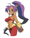 blue_eyes bodily_fluids breasts brown_body brown_skin clothing ear_piercing ear_ring female hair humanoid_pointy_ears looking_at_viewer navel not_furry piercing pointy_ears ponytail purple_hair ring_piercing simple_background solo sweat hata4564 shantae_(series) wayforward shantae genie humanoid 2022 hi_res signature