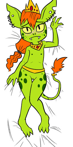 4_fingers accessory bed collar crown fangs female fingers flat_chested furgonomics furniture genitals hair headgear jewelry long_hair looking_at_viewer lying nipples not_furry notched_ear on_back on_bed red_hair ring seductive simple_background solo tail tail_accessory tail_jewelry tail_ring tail_tuft teeth tuft vulva waist_accessory yellow_sclera unknown_artist phoebe_and_her_unicorn queen_prunella_von_blaart goblin humanoid hi_res