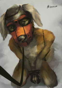 animal_mask anthro arms_tied bdsm bound ear_tuft fur hands_tied kneeling leash leashed_male legs_tied looking_at_viewer male mask petplay pup_mask pupil_dilation puppyplay roleplay solo tail tail_motion tailwag tuft gaertan digital_drawing_(artwork) digital_media_(artwork) digital_painting_(artwork) hi_res painting_(artwork) shaded