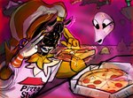 anthro clothing concentration container duo floating food fool's_hat hat headgear headwear male mask pizza pizza_box silly simple_background solo telekinesis lostwisdom humanoid unknown_species hi_res meme